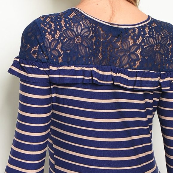 Navy Blue Tan Stripe Lace Ruffle Soft Stretch Top - Picture 4 of 7